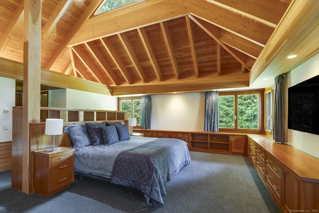 carpeted bedroom featuring high vaulted ceiling, beam ceiling, and wood ceiling