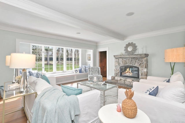 47 Peaceable St, Ridgefield, CT 06877 - living room with crown molding, wood finished floors, a stone fireplace, and beamed ceiling