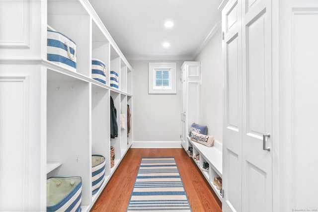 47 Peaceable St, Ridgefield, CT 06877 - mudroom featuring ornamental molding, wood finished floors, baseboards, and recessed lighting