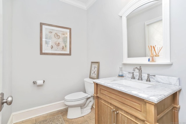 47 Peaceable St, Ridgefield, CT 06877 - half bathroom with crown molding, toilet, vanity, and baseboards