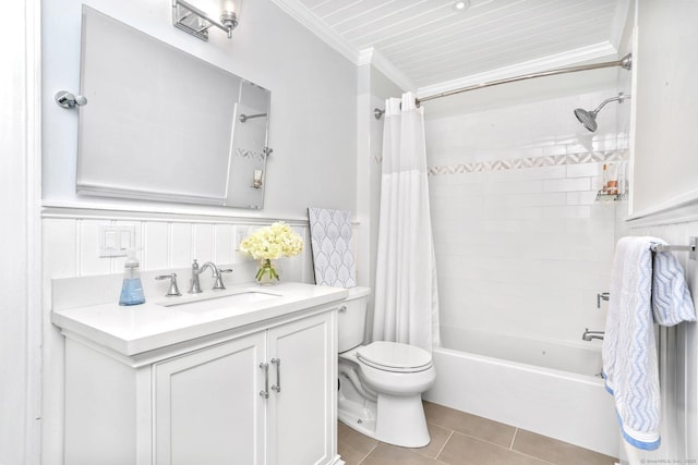 47 Peaceable St, Ridgefield, CT 06877 - full bathroom with vanity, shower / bath combo with shower curtain, tile patterned floors, toilet, and ornamental molding