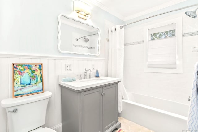 47 Peaceable St, Ridgefield, CT 06877 - bathroom featuring vanity, shower / tub combo with curtain, ornamental molding, toilet, and a wainscoted wall