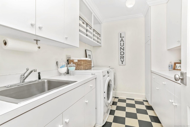 47 Peaceable St, Ridgefield, CT 06877 - laundry area featuring cabinet space, tile patterned floors, crown molding, independent washer and dryer, and baseboards
