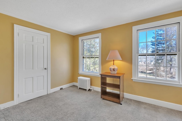 sitting room with radiator, carpet floors, a textured ceiling, and baseboards