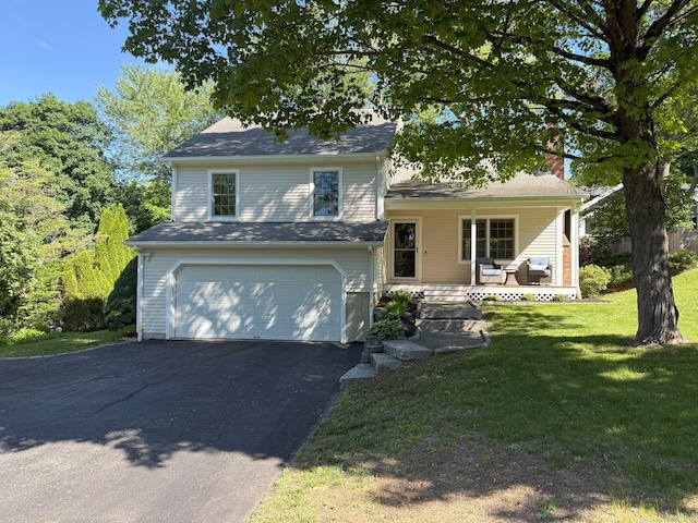 7 Summit St, New Milford, CT 06776 - view of front of property featuring covered porch, an attached garage, driveway, a front yard, and a chimney