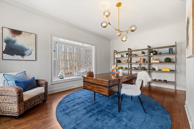 275 Newtown Tpke, Weston, CT 06883 - home office with baseboards, wood finished floors, an inviting chandelier, and ornamental molding