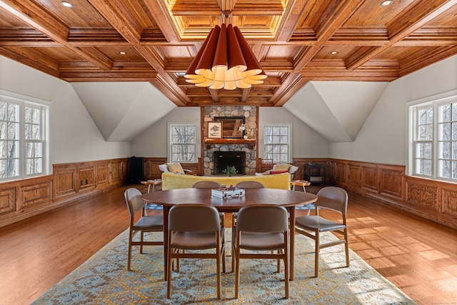 275 Newtown Tpke, Weston, CT 06883 - dining area with light wood-style floors, wood ceiling, and wainscoting
