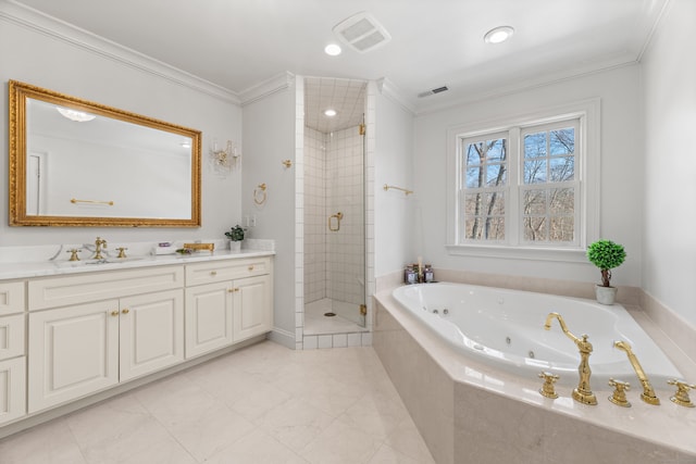275 Newtown Tpke, Weston, CT 06883 - bathroom featuring a whirlpool tub, a shower stall, visible vents, and ornamental molding