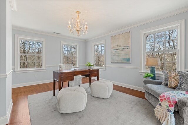 275 Newtown Tpke, Weston, CT 06883 - office area with baseboards, wood finished floors, a chandelier, and ornamental molding