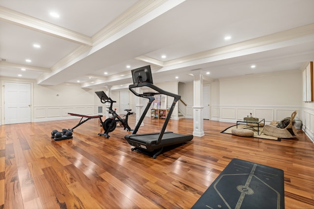 275 Newtown Tpke, Weston, CT 06883 - exercise area with wainscoting, decorative columns, wood finished floors, and a decorative wall