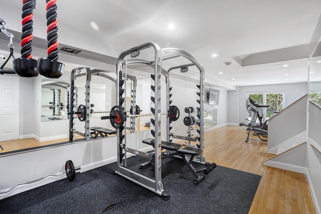 21 Centennial Dr, Danbury, CT 06811 - exercise room with baseboards, recessed lighting, wood finished floors, and visible vents