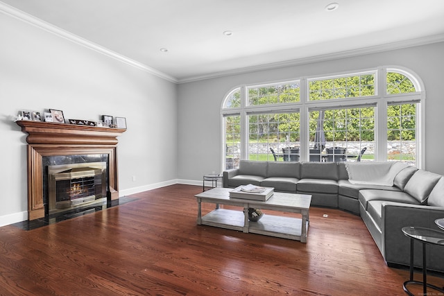 21 Centennial Dr, Danbury, CT 06811 - living area featuring crown molding, baseboards, wood finished floors, and a premium fireplace
