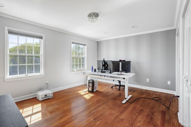 21 Centennial Dr, Danbury, CT 06811 - office area with baseboards, ornamental molding, wood finished floors, and wallpapered walls