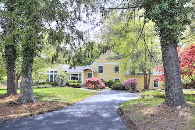 tri-level home with aphalt driveway and a front lawn