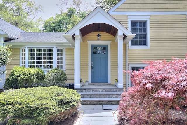 entrance to property featuring roof with shingles