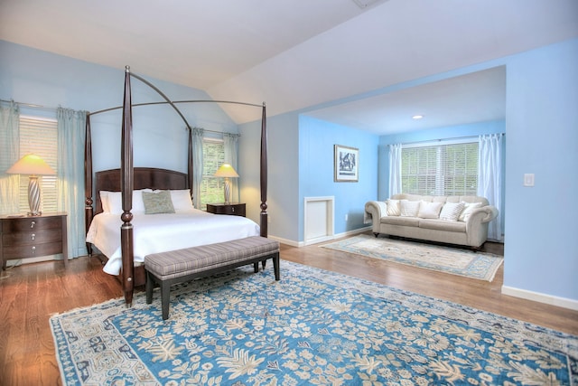bedroom featuring baseboards, multiple windows, and wood finished floors