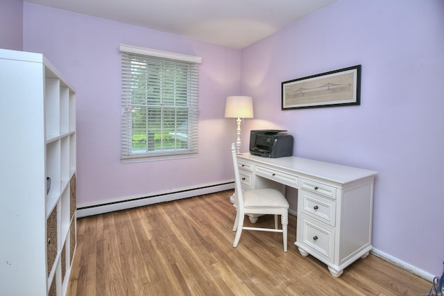 office space featuring light wood-style floors and baseboard heating