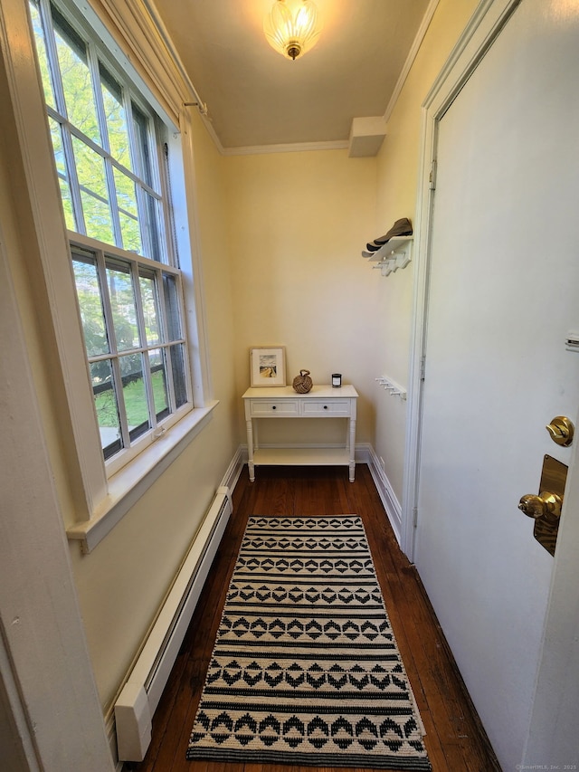 498 Whitney Ave Unit 1D, New Haven, CT 06511 - corridor featuring a baseboard heating unit, dark wood-style flooring, and ornamental molding