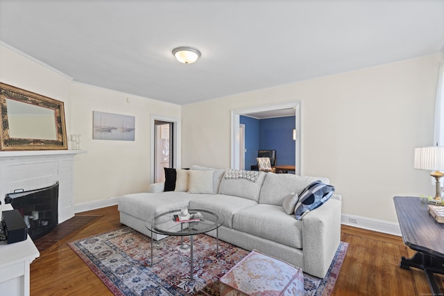 498 Whitney Ave Unit 1D, New Haven, CT 06511 - living room with baseboards, wood finished floors, and a fireplace with flush hearth