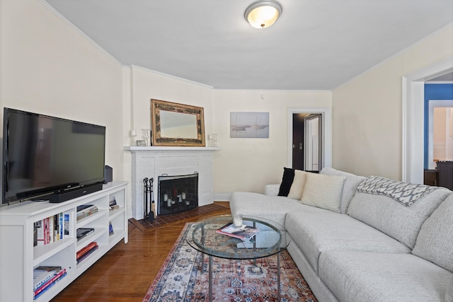 498 Whitney Ave Unit 1D, New Haven, CT 06511 - living area with dark wood-style flooring and a brick fireplace