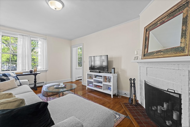 498 Whitney Ave Unit 1D, New Haven, CT 06511 - living area with a baseboard radiator, wood finished floors, baseboards, a fireplace, and crown molding
