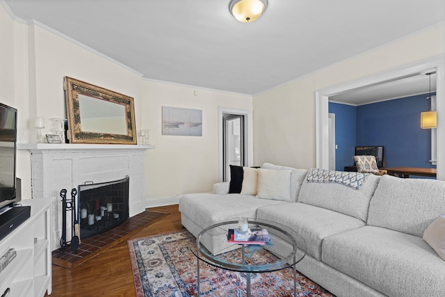 498 Whitney Ave Unit 1D, New Haven, CT 06511 - living area featuring dark wood finished floors, a fireplace, ornamental molding, and baseboards