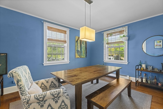 498 Whitney Ave Unit 1D, New Haven, CT 06511 - dining space featuring crown molding, wood finished floors, baseboards, and a baseboard radiator