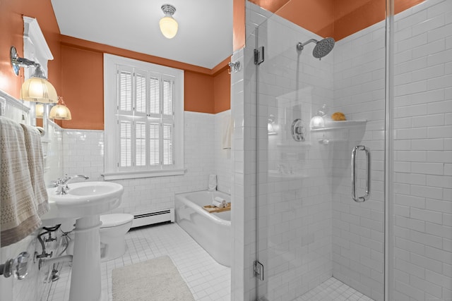 498 Whitney Ave Unit 1D, New Haven, CT 06511 - full bathroom featuring a baseboard heating unit, tile patterned floors, tile walls, a shower stall, and a wainscoted wall