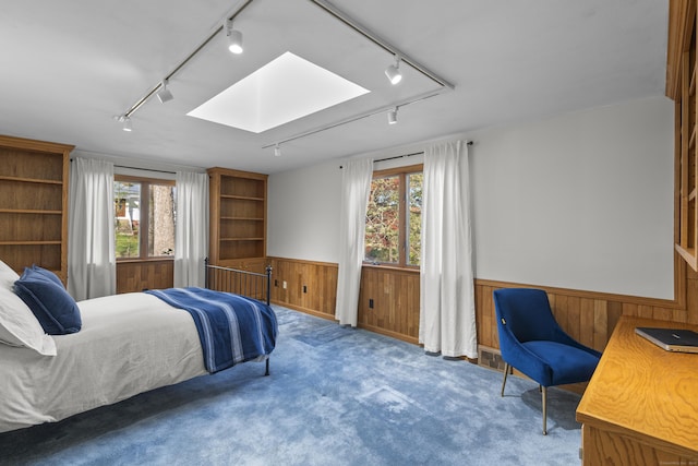carpeted bedroom with wood walls, multiple windows, a wainscoted wall, rail lighting, and a skylight