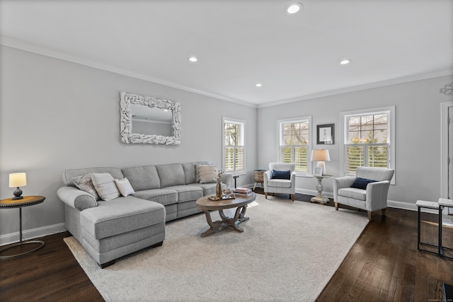 living area with recessed lighting, ornamental molding, and dark wood-type flooring