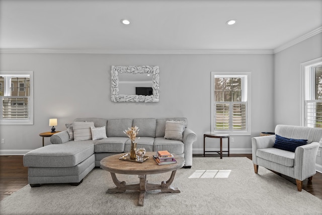 living room featuring crown molding, baseboards, and wood finished floors