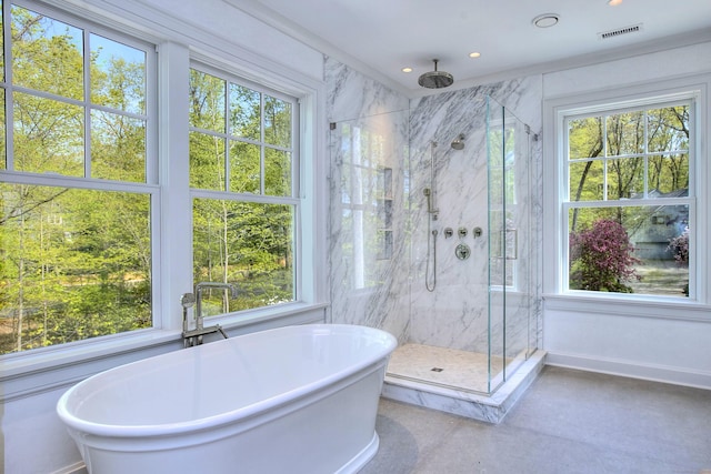 7 Brookside Dr, Westport, CT 06880 - bathroom featuring visible vents, a marble finish shower, and a wealth of natural light