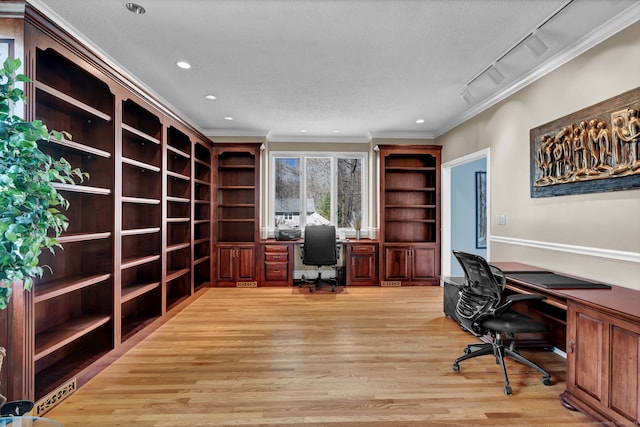 17 Hidden Oak Dr, Farmington, CT 06032 - home office with light wood-style floors, ornamental molding, and recessed lighting