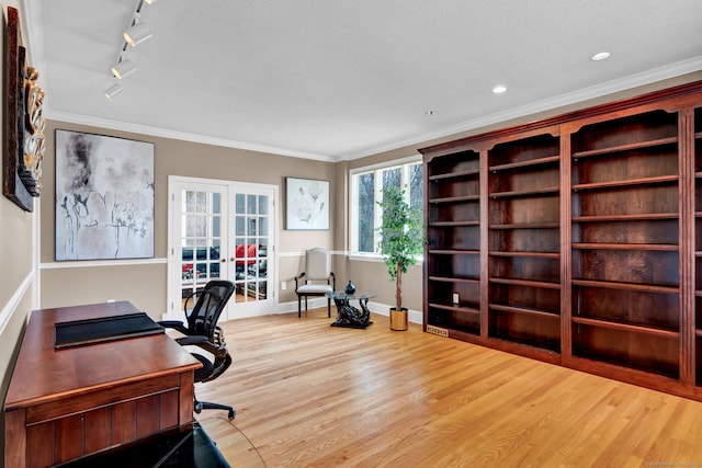 17 Hidden Oak Dr, Farmington, CT 06032 - office area featuring french doors, wood finished floors, ornamental molding, recessed lighting, and track lighting