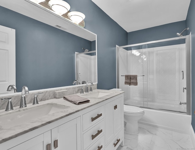 17 Hidden Oak Dr, Farmington, CT 06032 - full bathroom with bath / shower combo with glass door, double vanity, and marble finish flooring
