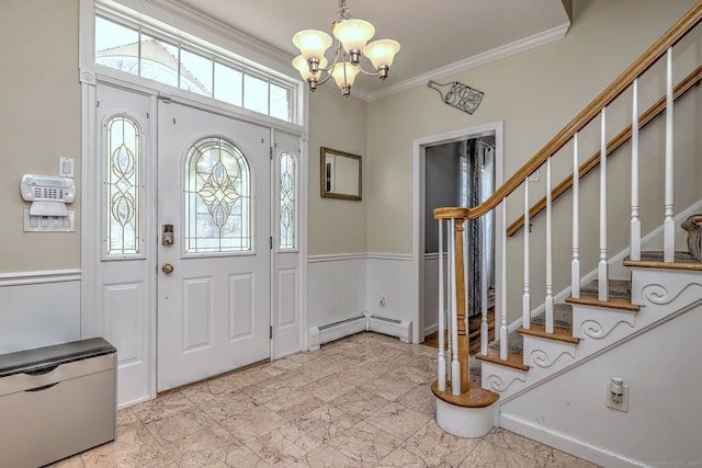 340 Webb Cir, Monroe, CT 06468 - entrance foyer featuring a baseboard heating unit, an inviting chandelier, marble finish floor, stairs, and crown molding