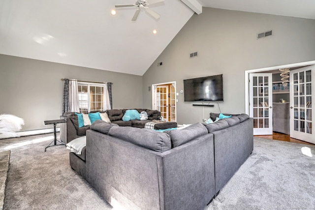 340 Webb Cir, Monroe, CT 06468 - carpeted living area featuring visible vents, high vaulted ceiling, ceiling fan, and french doors