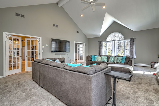 340 Webb Cir, Monroe, CT 06468 - carpeted living room featuring a baseboard heating unit, french doors, visible vents, and ceiling fan