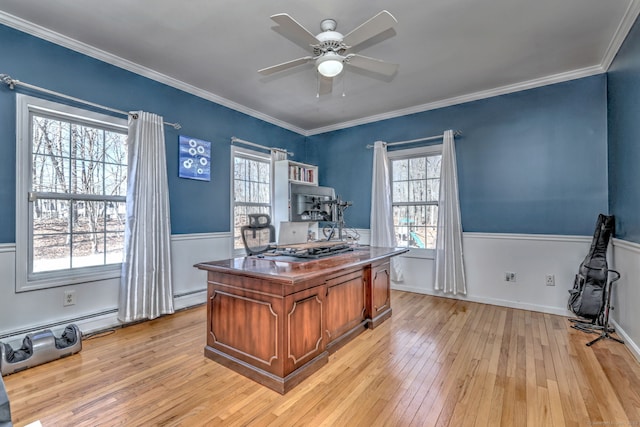 340 Webb Cir, Monroe, CT 06468 - home office with light wood finished floors, a ceiling fan, ornamental molding, and a baseboard heating unit