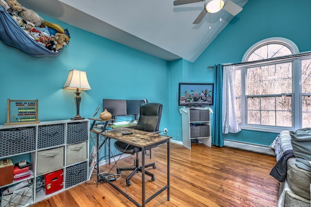 340 Webb Cir, Monroe, CT 06468 - office area featuring baseboards, wood finished floors, ceiling fan, high vaulted ceiling, and a baseboard radiator