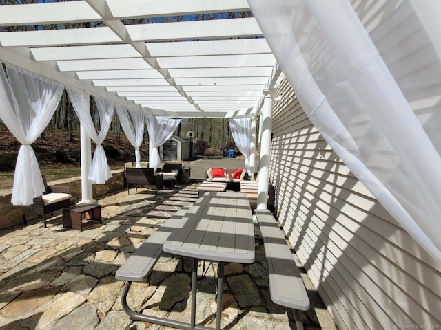 340 Webb Cir, Monroe, CT 06468 - view of patio / terrace with a pergola, an outdoor structure, outdoor dining space, an outdoor hangout area, and a storage unit