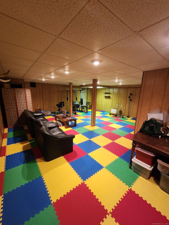 18 Outlook Rd, New Milford, CT 06776 - playroom with recessed lighting, tile patterned floors, wood walls, and a drop ceiling