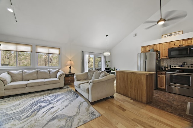living area with a ceiling fan, high vaulted ceiling, and wood finished floors