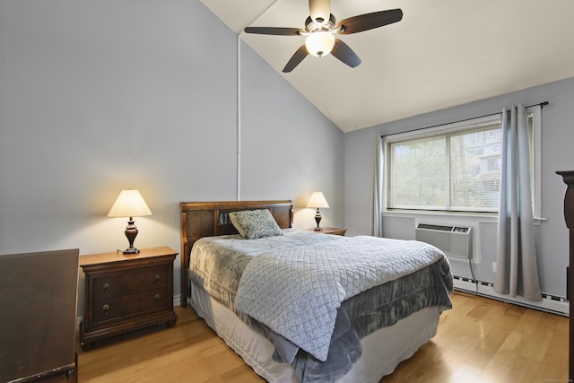 bedroom with light wood-type flooring, cooling unit, a ceiling fan, baseboard heating, and lofted ceiling