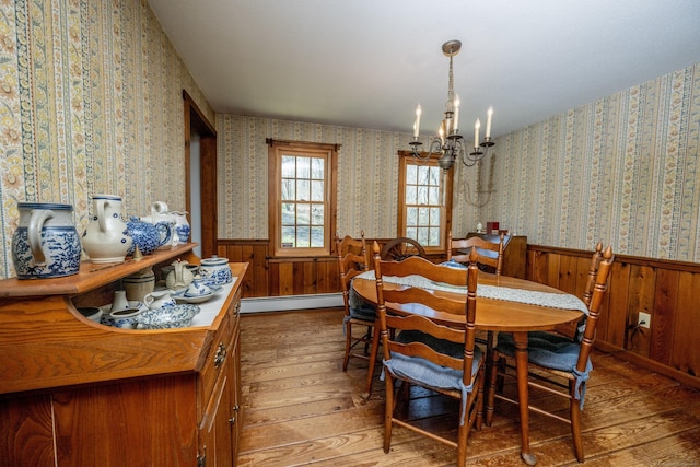 16 November Trl, Haddam, CT 06438 - dining room with hardwood / wood-style flooring, a chandelier, a wainscoted wall, wallpapered walls, and a baseboard heating unit