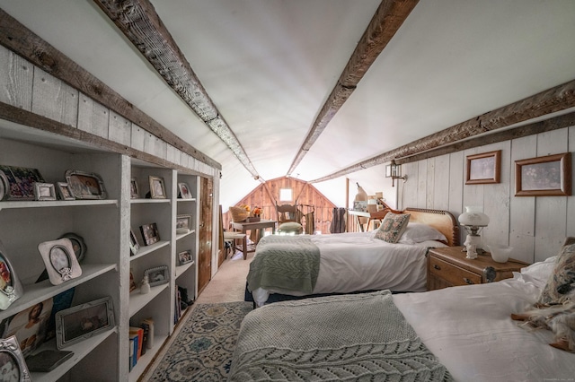 469 Platt Hill Rd, Winchester, CT 06098 - bedroom with lofted ceiling, wood walls, and carpet