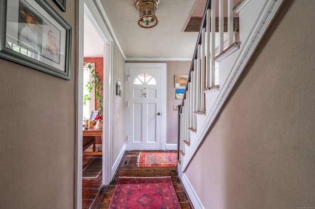 469 Platt Hill Rd, Winchester, CT 06098 - entryway with stairway, crown molding, baseboards, and dark wood-style flooring