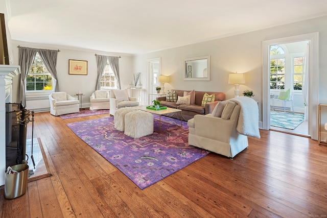 9 High Ridge Rd, Wilton, CT 06897 - living room with ornamental molding, wood-type flooring, and a fireplace