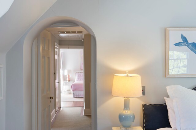 9 High Ridge Rd, Wilton, CT 06897 - hallway with attic access, arched walkways, and carpet
