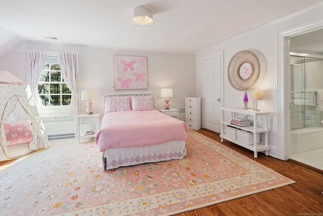 9 High Ridge Rd, Wilton, CT 06897 - bedroom with ensuite bathroom, visible vents, radiator heating unit, wood finished floors, and ornamental molding